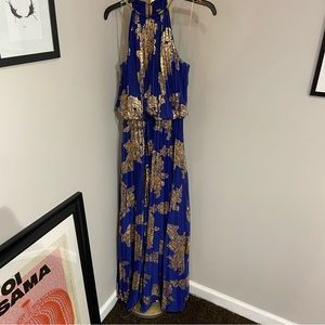 MSK Blue and Gold Metallic Maxi Dress with Pleats and Necklace Closure